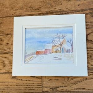 Original watercolour painting, winter farm scene, white mat included